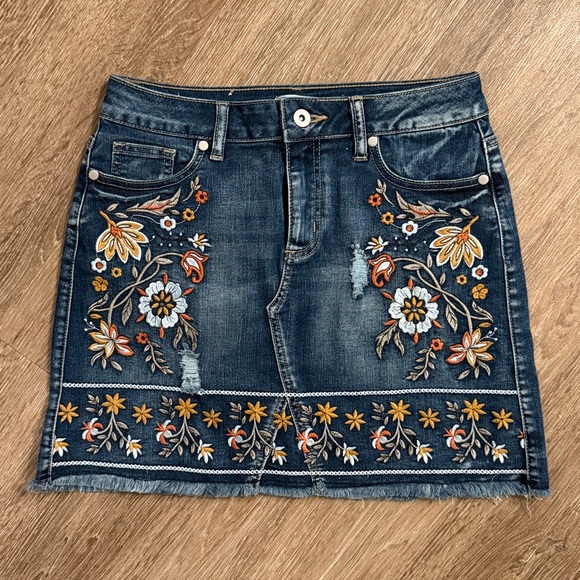 Altar'd State Dresses & Skirts - Altar’d State denim mini skirt floral embroidered distressed size XS